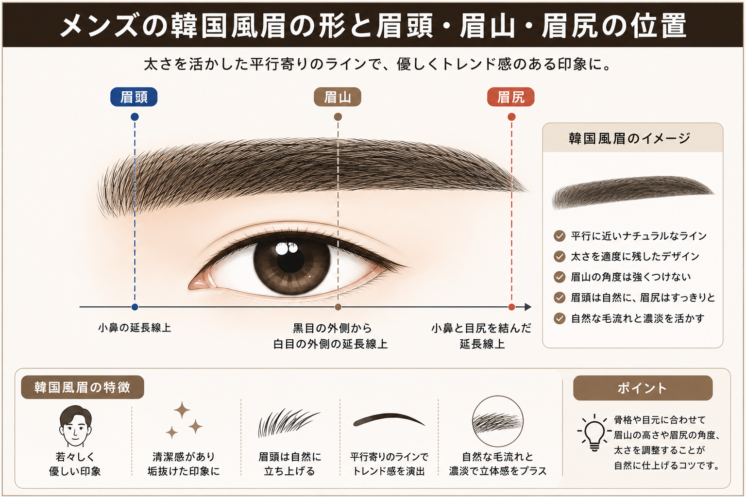 メンズの韓国風眉の形と眉頭・眉山・眉尻の位置を示したイラスト