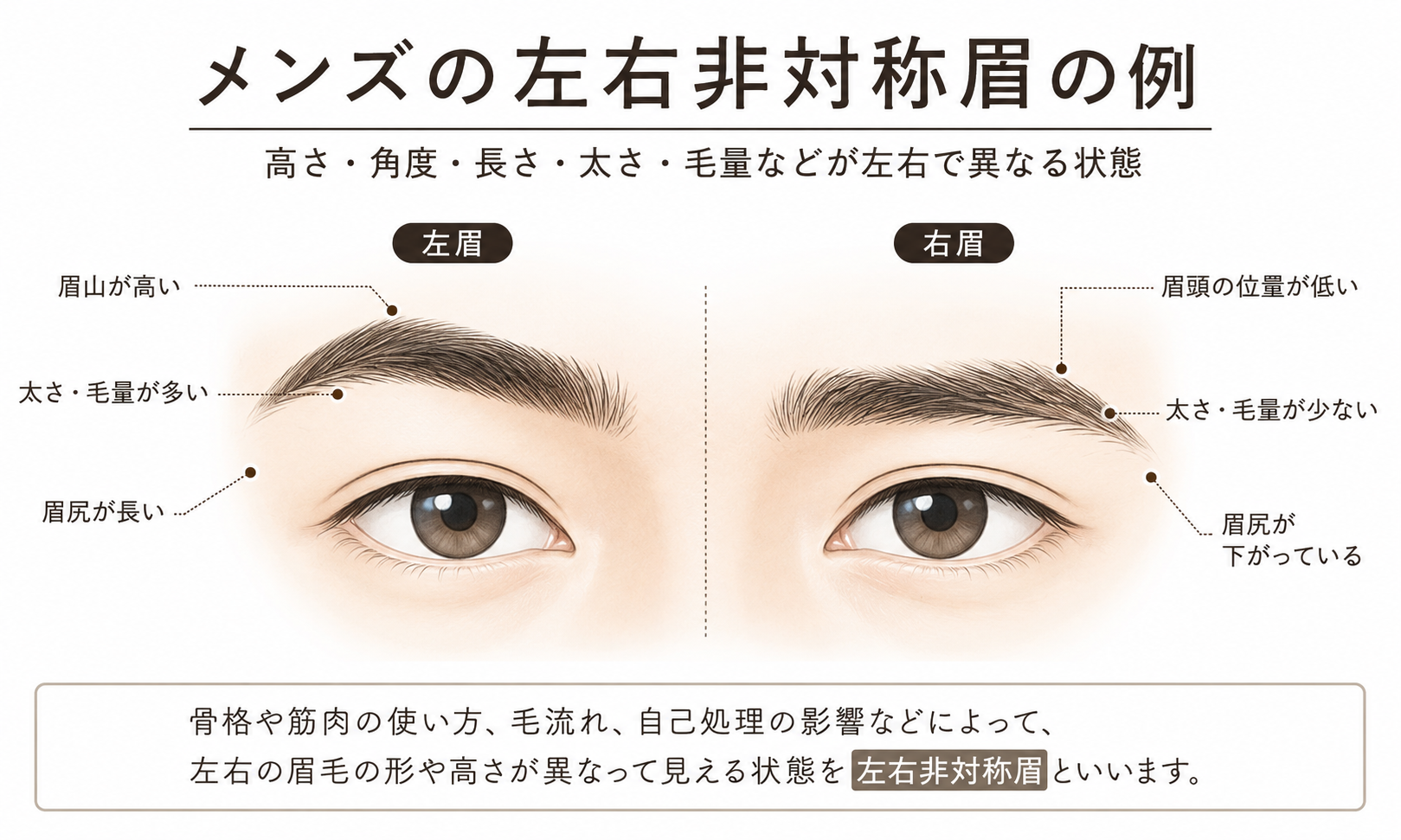 メンズの左右非対称眉の形を示したイラスト