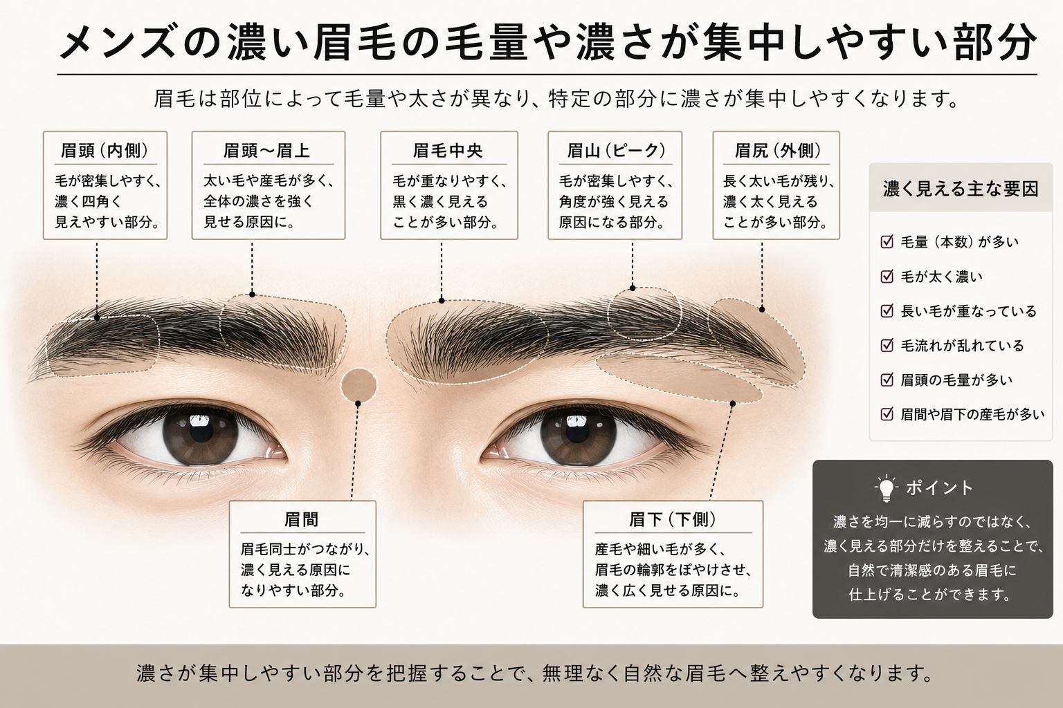 メンズの濃い眉毛の毛量や濃さが集中しやすい部分を示したイラスト