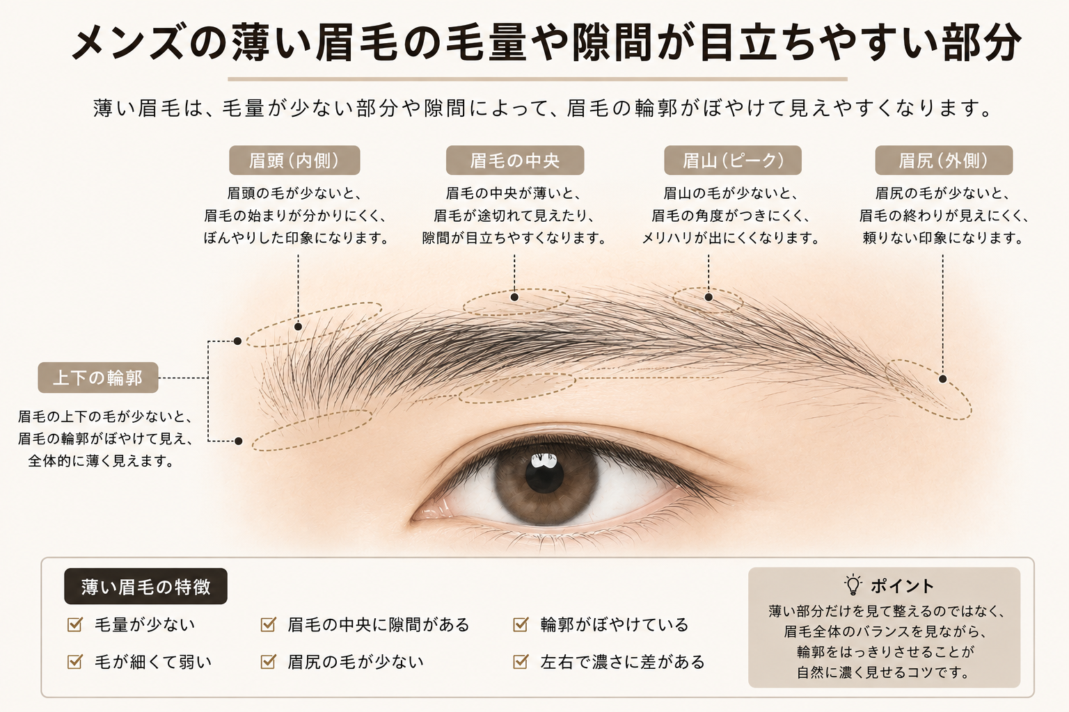 メンズの薄い眉毛の毛量や隙間が目立ちやすい部分を示したイラスト